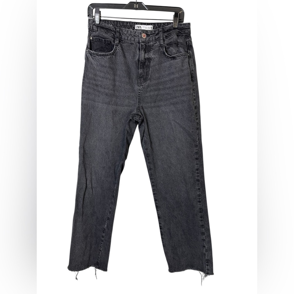 Zara Ankle Straight Leg 90s Raw Hem High Waist Jeans In Dark Wash Sz 8 Stretchy